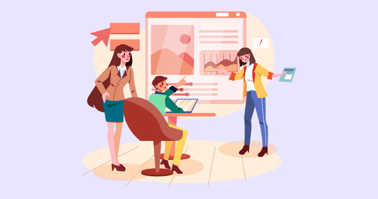 Illustration of a business meeting with three professionals collaborating, one presenting data on a screen while others engage with a laptop and documents, highlighting teamwork and digital communication in a modern office setting.