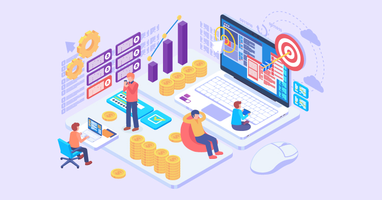 Illustration of digital marketing and data analysis, featuring three professionals working on computers surrounded by graphs, charts, and stacks of coins, representing financial growth and analytics in a modern workspace.