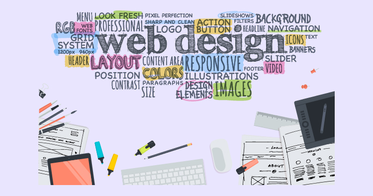 Colorful typography related to web design concepts, including terms like "layout," "responsive," "images," and "illustrations," arranged creatively with design tools like pens and a keyboard in the foreground.