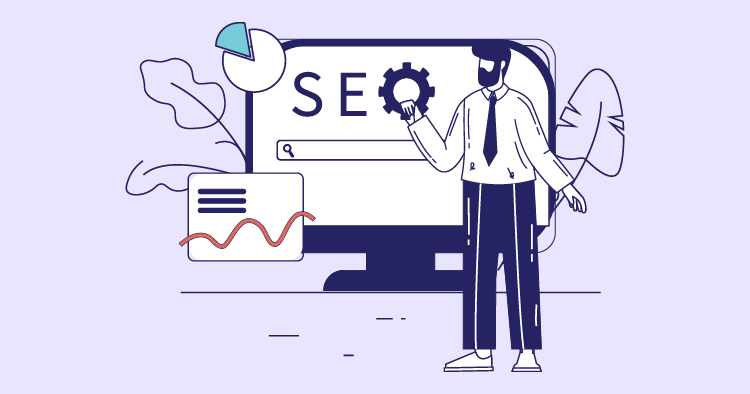 Illustration of a man in business attire holding a gear symbol, standing in front of a computer screen displaying the word "SEO" and a search bar, with graphs and analytics elements in the background, representing digital marketing and search engine optimization concepts.