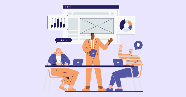 Three business professionals in a meeting, discussing data and analytics. One presenter stands with a tablet, while two others sit at a table with laptops. Visual elements include charts and graphs displayed on a screen in the background, reflecting a collaborative work environment focused on strategy and performance.