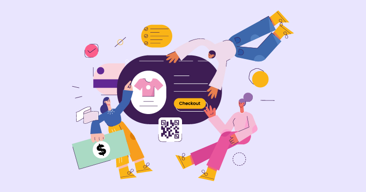 Illustration of diverse people engaging in an online shopping experience, featuring a checkout screen with a t-shirt and payment options, set against a light purple background.