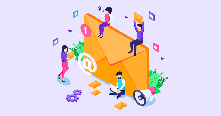 Illustration of a digital email concept featuring diverse characters engaging with an oversized envelope, symbolizing email communication and marketing. Elements like speech bubbles and a megaphone emphasize interaction and outreach.