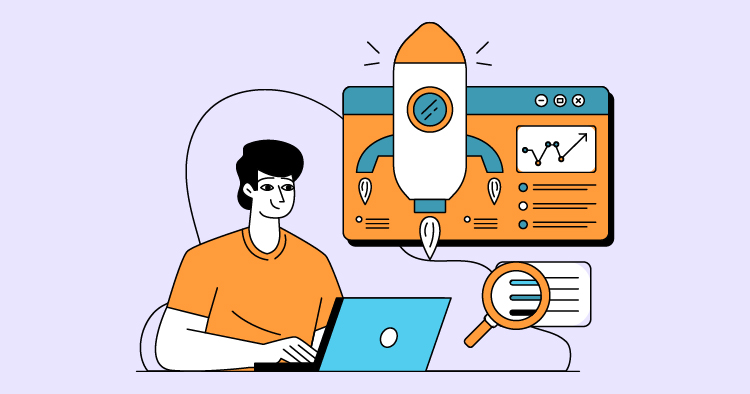 Illustration of a young man working on a laptop with a rocket icon and data analytics graphs in the background, symbolizing digital marketing and business growth strategies.