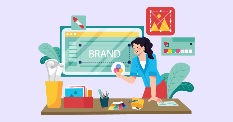 Illustration of a woman working on brand design at a desk, surrounded by design tools, color palettes, and a computer displaying the word "BRAND." The scene emphasizes creativity and graphic design for branding purposes.