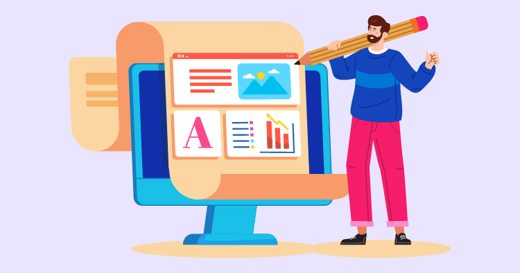 Illustration of a man using a pencil to design a website on a computer screen, showcasing various elements like text, images, and graphs, representing digital content creation and web design.