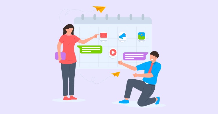 Illustration of a woman pointing at a calendar with various icons, while a man kneels and gestures towards her. The scene represents collaboration and planning in a professional or project management context.