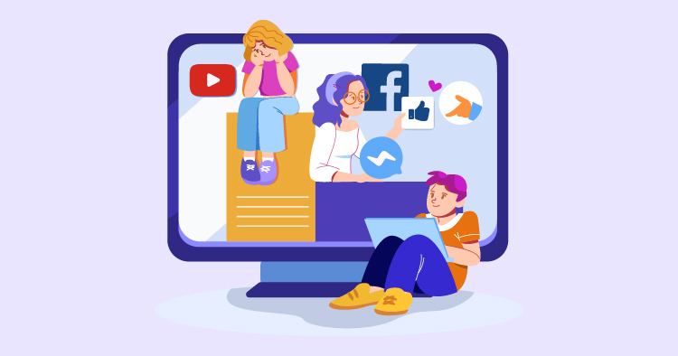 Illustration of people engaging with social media platforms like YouTube and Facebook on a computer screen, depicting modern digital communication and online interaction.