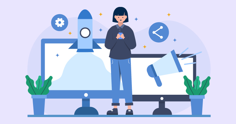 Illustration of a woman standing between two computers, one displaying a rocket representing growth and innovation, and the other featuring a megaphone symbolizing marketing and communication, surrounded by plants, set against a light purple background.