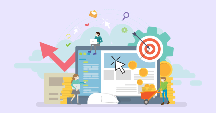 Digital marketing illustration featuring a laptop with a cursor, graphs indicating growth, and characters representing online engagement and analytics, surrounded by icons of communication and finance.