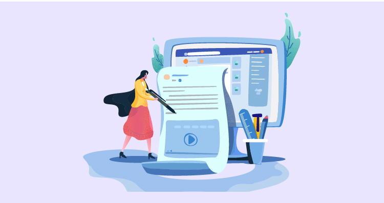 Illustration of a woman in a yellow shirt and red skirt holding a pen, standing next to a computer screen displaying a digital document and a user interface, with stationery items in the foreground, representing online document management and productivity.