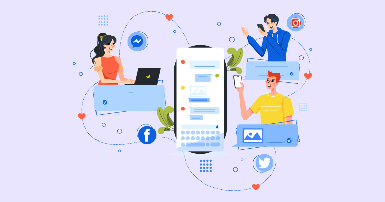 Illustration depicting people engaging in digital communication through social media and messaging apps, featuring a central smartphone displaying chat messages, surrounded by icons of popular platforms like Facebook and Twitter.