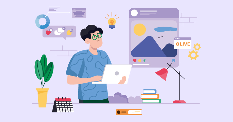 A person with glasses working on a laptop in a modern workspace, surrounded by plants, books, and digital graphics, illustrating online content creation and social media engagement.