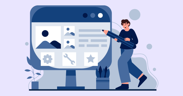 Illustration of a person holding a pencil next to a computer screen displaying a user interface with image placeholders and various icons, symbolizing web design and content creation.