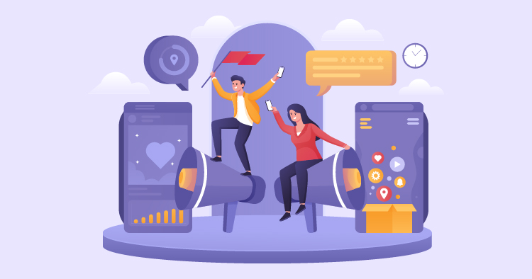 Two individuals standing on large megaphones, one waving a flag and the other holding a smartphone. They are surrounded by digital icons and chat bubbles, symbolizing social media engagement and marketing strategies. The background features graphs and notification symbols, representing data analytics and online interaction.