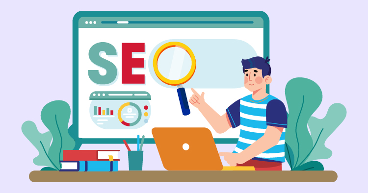 Illustration of a young man working on SEO strategies at a desk, featuring a large screen displaying the word "SEO" and a magnifying glass. The workspace includes books, a plant, and analytics charts, symbolizing digital marketing and search engine optimization.
