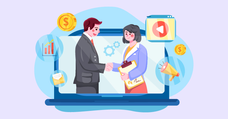 Business professionals shaking hands in a digital setting, symbolizing partnership and collaboration, with icons representing finance, marketing, and communication.