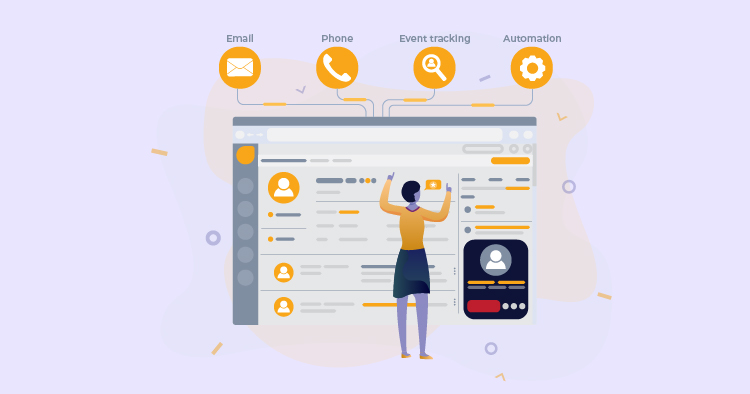 Illustration of a person interacting with a digital dashboard featuring icons for email, phone, event tracking, and automation, highlighting user engagement with a customer relationship management (CRM) system.