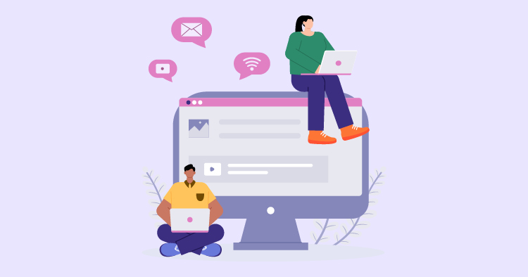 Two people using laptops: one sitting on top of a large computer monitor and another sitting in front of it. Speech bubbles with icons for email, chat, and Wi-Fi are visible, emphasizing digital communication and online collaboration.