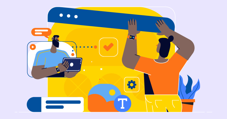 Illustration of two people collaborating on a digital project, one holding a large ruler while the other uses a tablet. The background features various graphic elements like checkmarks, icons, and colorful shapes, symbolizing teamwork and creativity in design or technology.