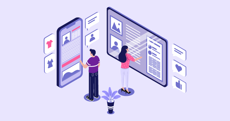 Illustration of two people interacting with digital screens and mobile devices, showcasing online communication and technology use in a modern workspace environment.