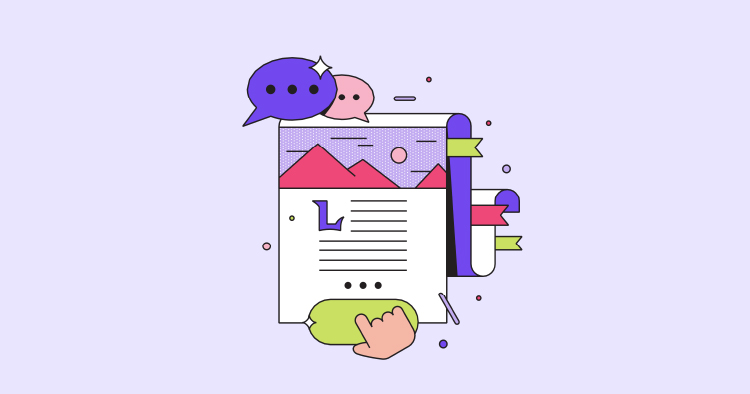 Illustration of a digital content layout featuring a text document with images, speech bubbles, and decorative elements, symbolizing online communication and content creation.