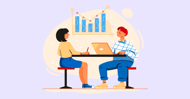 Two individuals collaborating at a table, with one person writing notes and the other using a laptop. Behind them is a graphical representation of data trends, featuring rising bars and a line graph. The image conveys teamwork and data analysis in a professional setting.