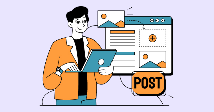 Illustration of a person using a tablet to create and manage online content, with a computer screen displaying a post layout and image upload options, emphasizing digital marketing and social media engagement.