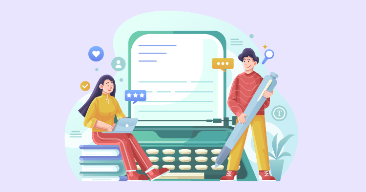 Illustration of a woman using a laptop while sitting on books, and a man holding a pencil standing next to a large typewriter, surrounded by icons representing communication and creativity.