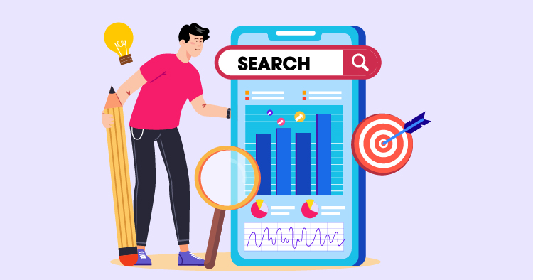 Illustration of a young man holding a pencil and magnifying glass, standing next to a smartphone displaying a search interface with graphs and charts, symbolizing data analysis and digital marketing strategies.