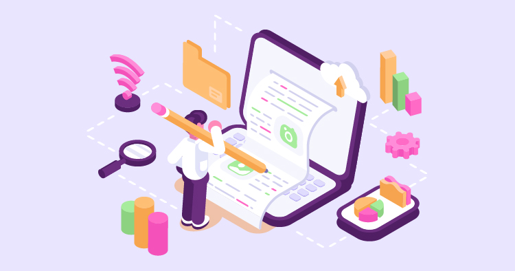 Illustration of a person using a laptop to edit a document, surrounded by colorful icons representing data analysis and organization, including graphs, folders, and tools, set against a light purple background.