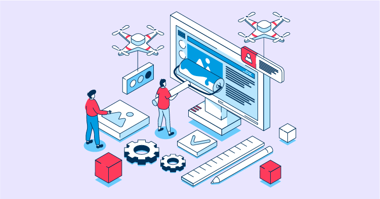 Illustration of a digital workspace featuring two individuals working on a computer screen displaying a design, surrounded by drones, gears, and design tools, symbolizing technology and creativity in digital design.