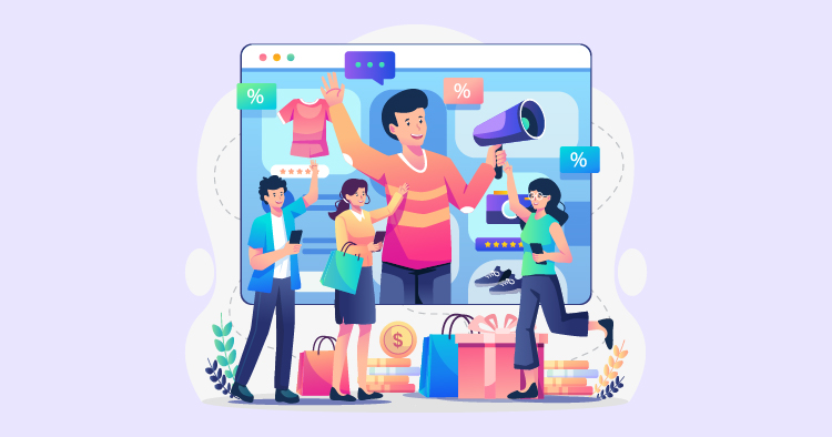 Illustration of online shopping featuring a person showcasing clothing items on a digital platform, surrounded by shoppers using smartphones and engaging with various product icons and discounts.