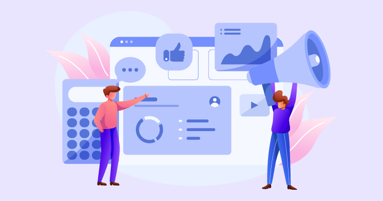 Two people discussing a digital dashboard with graphs, icons, and interaction elements, representing data analysis and social media engagement.