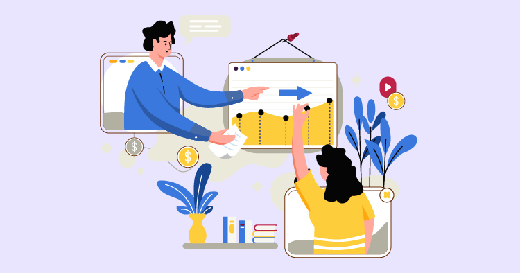 Illustration of a business meeting with two professionals discussing data trends. One person points at a chart with an upward arrow, while the other raises their hand to ask a question. The background features plants and books, symbolizing a collaborative and growth-oriented environment.