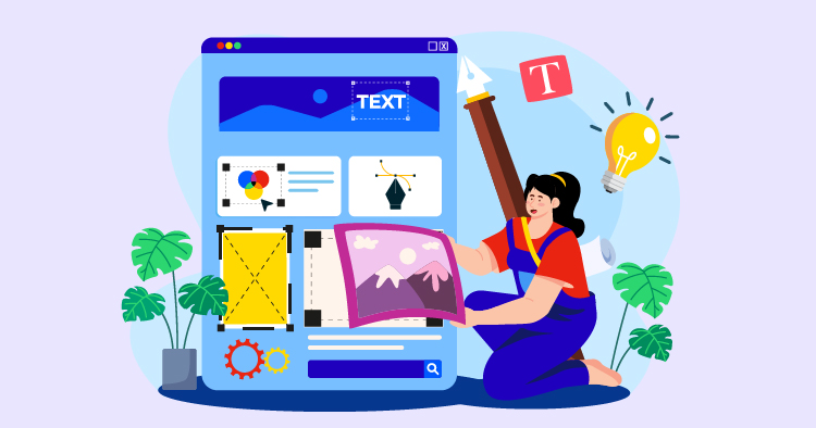 Illustration of a woman interacting with a digital design interface, showcasing various design tools and elements like images, text, and icons, surrounded by plants and creative symbols such as a light bulb and a pencil.