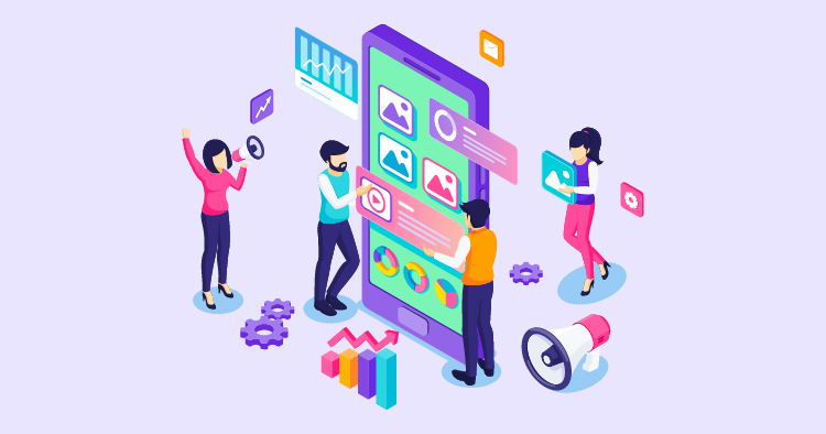 Illustration of a group of four people interacting with a large smartphone displaying various app features, including graphs and images. The scene represents digital marketing, social media management, and data analysis, with elements like gears, charts, and a megaphone symbolizing communication and strategy.