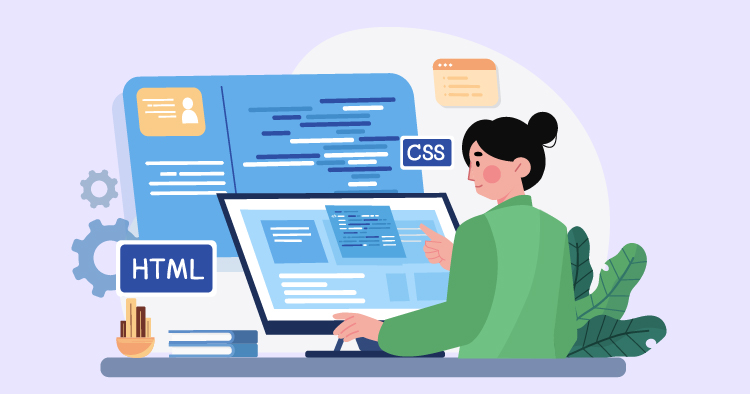 Woman coding on a computer with visible HTML and CSS code on the screen, representing web development and programming.