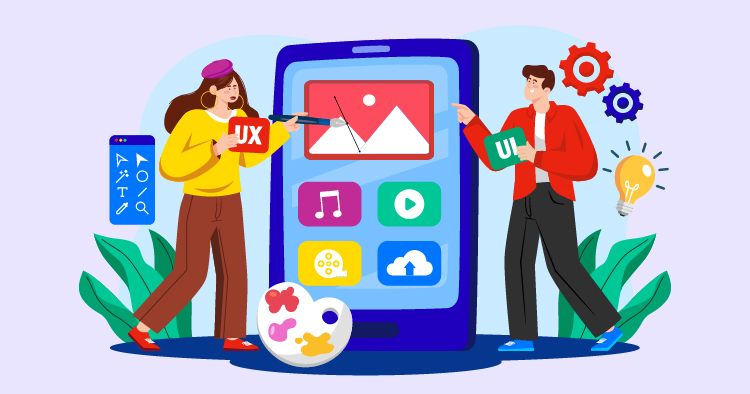 Illustration of a UX and UI design team collaborating on a mobile app interface, showcasing colorful icons for music, video, and cloud storage, with a palette of design tools in the foreground.