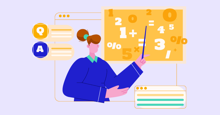 Illustration of a teacher explaining mathematical concepts, with equations and symbols displayed on a board. The teacher is using a pointer and surrounded by chat bubbles indicating questions and answers, emphasizing an interactive learning environment.
