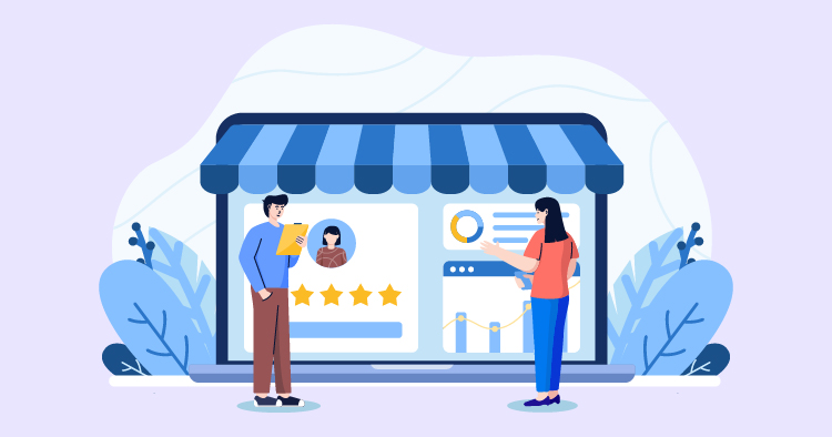 Two people interacting outside a storefront, one holding a tablet and the other pointing at a digital display with a profile and five-star rating, illustrating customer feedback and engagement in a retail environment.