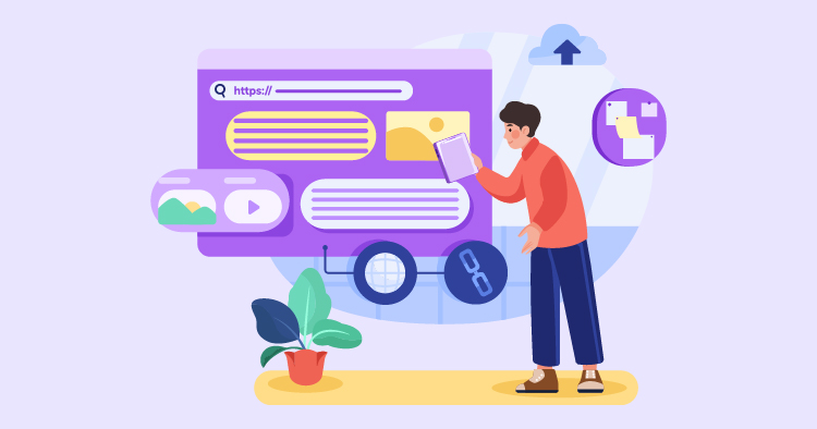 A person interacting with a digital interface featuring a search bar, images, and video content, surrounded by plants, illustrating online browsing and content discovery.