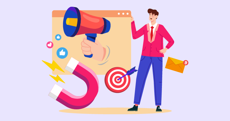 A businessman in a pink suit stands next to a large megaphone, symbolizing marketing and advertising. Surrounding him are icons representing social media engagement, a magnet for attracting customers, and a target for focused advertising strategies. The background features a computer screen and an envelope, indicating digital communication and outreach efforts.