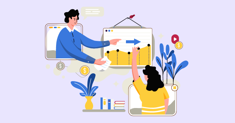 Illustration of a business meeting with a man pointing at a growth chart while a woman raises her hand to ask a question, surrounded by elements like dollar signs, books, and plants, symbolizing financial growth and collaboration in a professional setting.