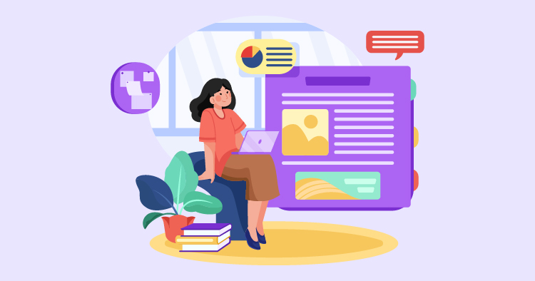 Illustration of a woman working on a laptop while sitting on a chair, surrounded by books and a plant. The background features a large digital screen displaying graphs and text, symbolizing online research and communication.