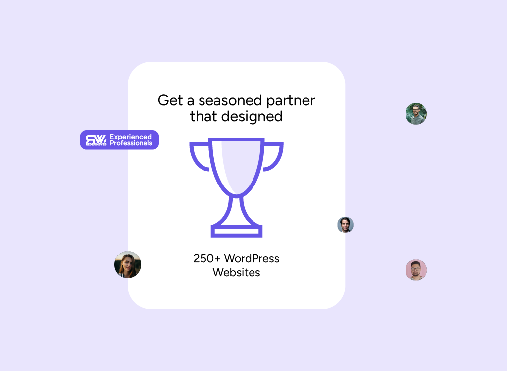 service excellence symbolized by a trophy icon and happy customer faces, demonstrating why clients should partner with a top wordpress web design agency.