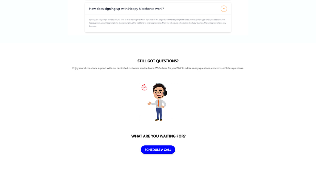 Illustration of a customer service representative wearing a headset, promoting 24/7 support for Happy Merchants. The image encourages users to schedule a call for inquiries about signing up or other concerns.