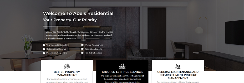 Modern residential interior showcasing Abels Residential's property management services, featuring a welcoming living space with stylish furniture and a focus on quality service for landlords.