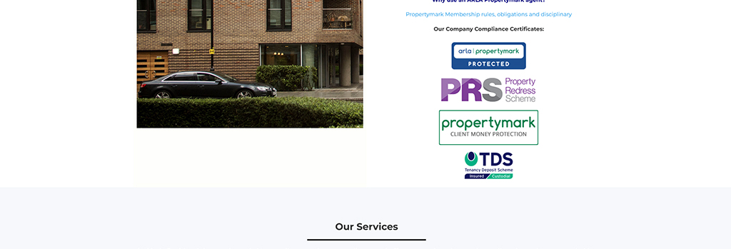 Modern urban building exterior with a parked black car, showcasing property compliance certificates including ARLA Propertymark, PRS, Propertymark Client Money Protection, and TDS.