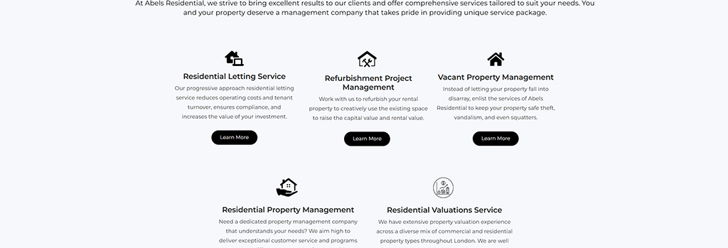Alt text: Overview of Abels Residential services including Residential Letting Service, Refurbishment Project Management, Vacant Property Management, and Residential Valuations Service, highlighting their commitment to tailored property management solutions.